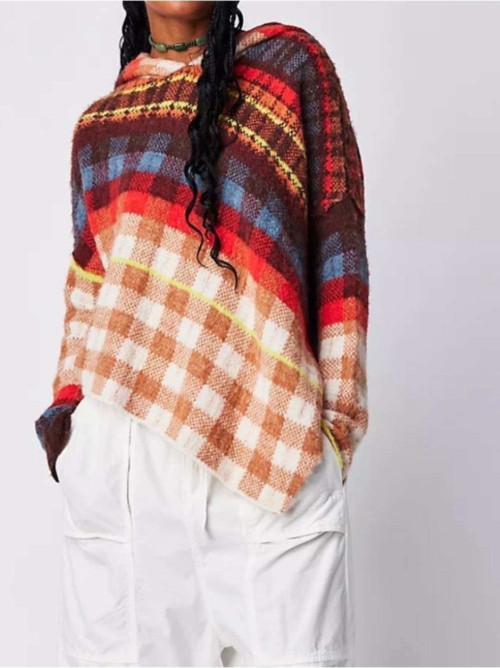 NWT Free People Ainsley Plaid Hooded Poncho Wool Blend Size Medium
